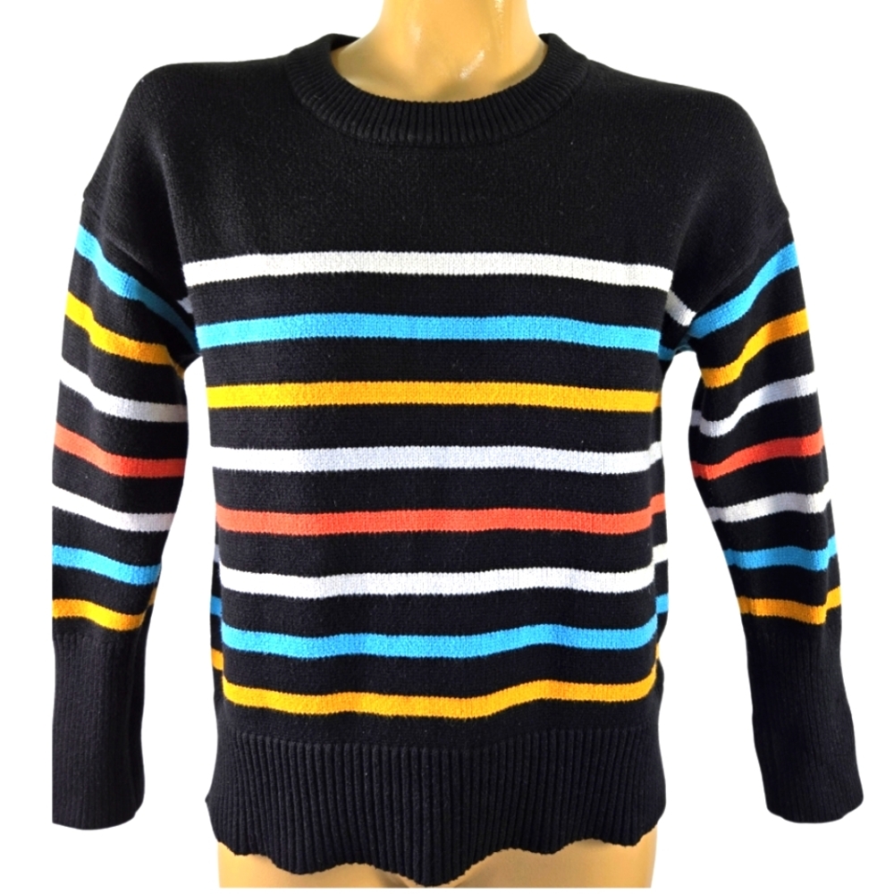 PHILOSOPHY Crew Neck Cozy Stripe Sweater Wide Arm Cuffs‎ Black Multi Size Small